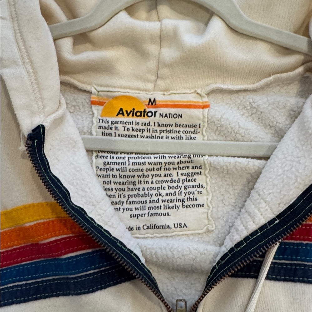 Aviator Nation Cream Hoodie with Multicolor Stripes. Size medium. - Picture 2 of 2